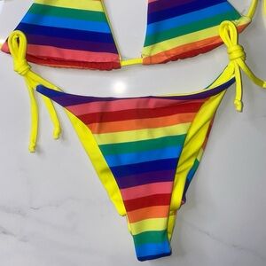 Demon Bikini Handmade Rainbow Striped Cheeky Tie Side Bikini Bottom Swim Yellow